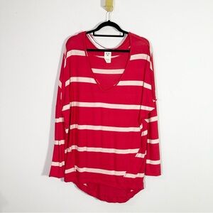 We The Free Red White Stripe Oversized Cotton V-Neck Long Sleeve Top